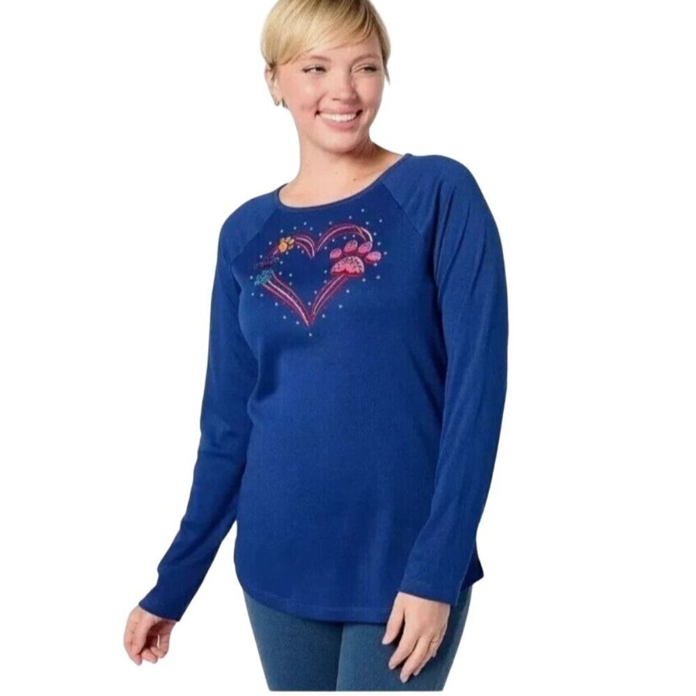 Quacker Factory Long Sleeve Top XL Pet Mom Blue‎ Embroidered Embellished Cat Dog